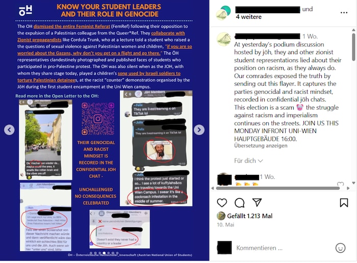 Der Instagram-Account veröffentlichte die rassistischen Nachrichten der JöH-Gruppe und holt zum Rundumschlag gegen die jüdischen Studierenden aus.