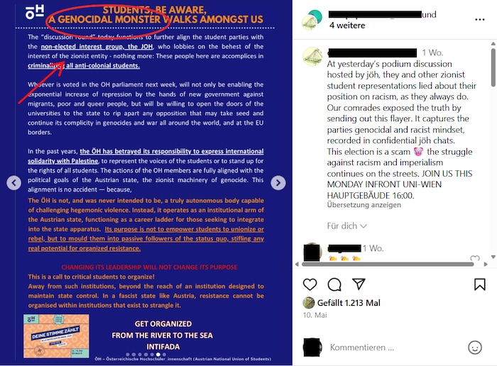 In diesem Post wird die JöH als „Lobby der Zionistischen Entität“ und „Genozidales Monster“ antisemitisch diffamiert. 