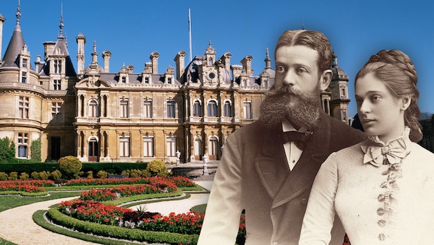 Albert Rothschild, Chef des Wiener Zweiges des Hauses Rothschild und seine Frau Bettina. Im Hintergrund:  Waddesdon Manor, eines der vielen Rothschild-Schlösser.