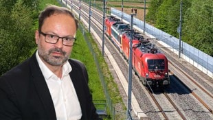 Wirtschaftsforscher Eric Kirschner sieht erwartet Veränderungen durch die neue Koralmbahn.  (Bild: Krone KREATIV/ÖBB, Christian Jauschowetz)