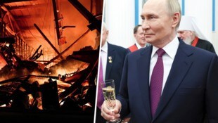 Zwei Welten: Während er die Ukraine mit Drohnen überzieht, schlürft Putin im Kreml Schaumwein.