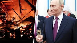 Zwei Welten: Während er die Ukraine mit Drohnen überzieht, schlürft Putin im Kreml Schaumwein. (Bild: Sputnik/AFP/AP)