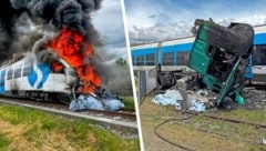Sowohl der Zug als auch der Lkw gerieten in Brand. (Bild: Krone KREATIV/Öffentlichkeitsteam BFV Weiz , Jürgen Fuchs)