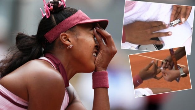 Kuriose Szene: Während ihres Matches ließ sich Naomi Osaka die Fingernägel schneiden. (Bild: Krone KREATIV/APA/AFP/Dimitar DILKOFF, x.com/TheTennisLetter)