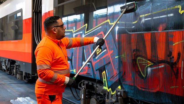 Das Entfernen von Graffitis an Zügen ist ein Muss.