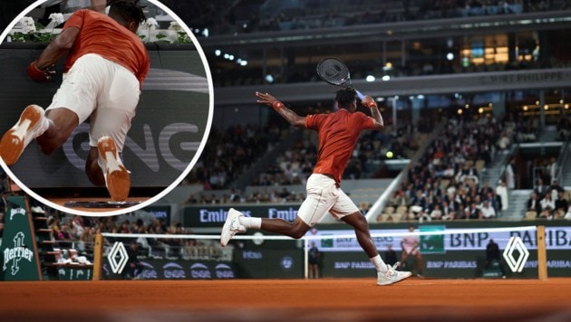 Erst war Gael Monfils gestürzt, dann lieferte er einmal mehr eine Show ab. (Bild: Krone KREATIV/APA/AFP/FRANCK FIFE)