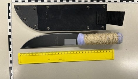 Dieses Buschmesser dürfte der Tatverdächtige selbst mitgebracht haben. Es wurde am Tatort gefunden. (Bild: LPD)