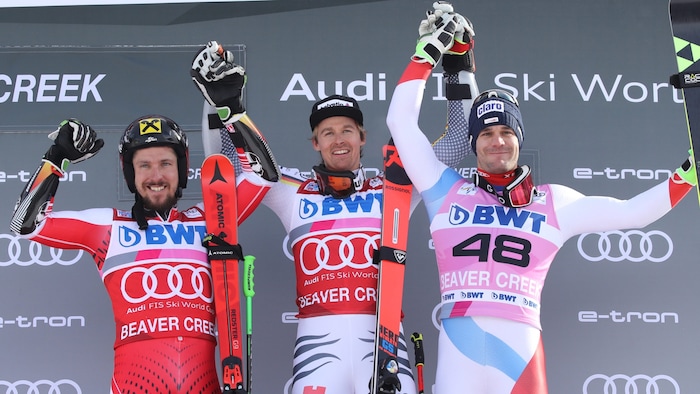 Luitz gewann vor Marcel Hirscher (l.) und Thomas Tumler (r.).