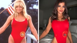 Damals wie heute ein Hingucker! Donna D‘Errico 1996 im Kult-Badeanzug von „Baywatch“ – und fast 30 Jahre später passt das heiße Teil immer noch wie angegossen. (Bild: Krone KREATIV/mptv / picturedesk.com www.instagram.com/donnaderrico)