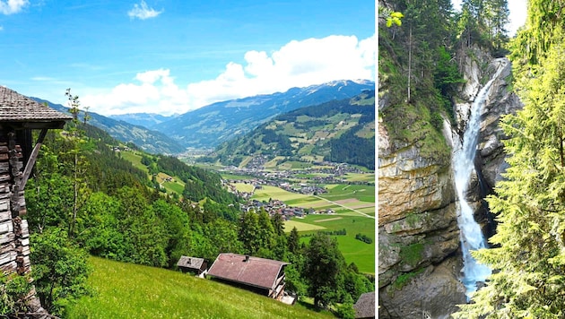 Die Wanderung verläuft über dem hinteren Zillertal. Der zierliche Keilkeller-Wasserfall zieht ...
