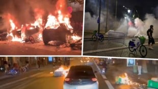 Das unschöne Ende einer für die Stadt an sich schönen Nacht: Paris brannte. (Bild: AP/AP, Twitter.com/Breaking News)