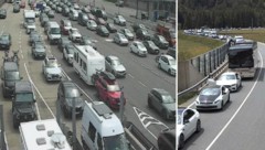Stau vor der Mautstelle Schönberg auf der A13 und auf der B177 Seefelder Straße bei Scharnitz.