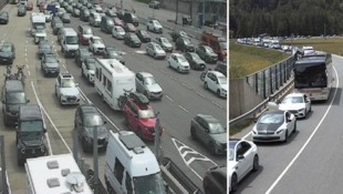 Stau vor der Mautstelle Schönberg auf der A13 und auf der B177 Seefelder Straße bei Scharnitz. (Bild: Asfinag, Land Tirol (Webcam), Krone KREATIV)
