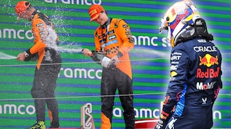 Oscar Piastri freut sich über den Sieg, Max Verstappen ist stinksauer. (Bild: AFP/APA/LLUIS GENE, GEPA Pictures)