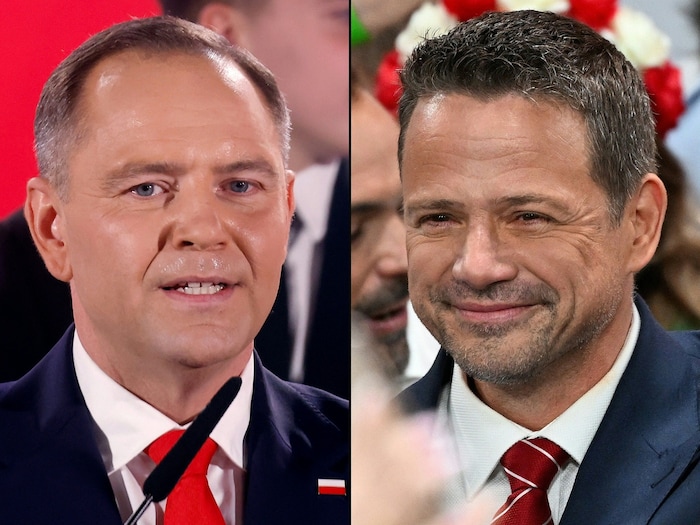 Am Wahlabend sah eine erste Prognose zunächst Trzaskowski (rechts) vorn, und der 53-jährige Sozialwissenschaftler gab sich auch schon als Wahlsieger.
