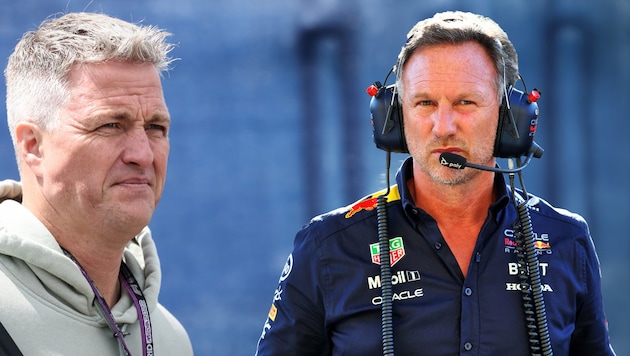 Ralf Schumacher hegt den Verdacht, Max Verstappen will in der Fahrer-WM nach unten rutschen. Ein völliger Blödsinn, so Christian Horner (r.).