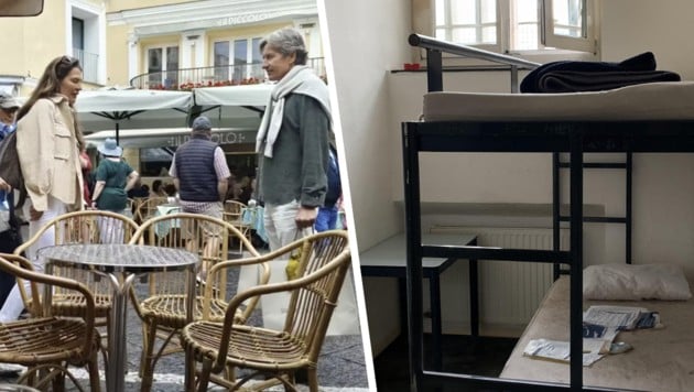 Am Wochenende war Grasser mit seiner Frau Fiona noch auf Capri shoppen (li.), heute, Montag, fand er sich in seiner Zelle (re.) ein.  (Bild: Krone KREATIV/5 Minuten, Jasmin Steiner)