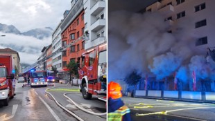 Der Feuerwehreinsatz am Montagvormittag (links), Stunden zuvor gab es hier ein Flammeninferno. (Bild: Rotes Kreuz Innsbruck)