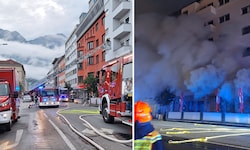 Der Feuerwehreinsatz am Montagvormittag (links), Stunden zuvor gab es hier ein Flammeninferno.