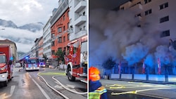 Der Feuerwehreinsatz am Montagvormittag (links), Stunden zuvor gab es hier ein Flammeninferno. (Bild: Rotes Kreuz Innsbruck)
