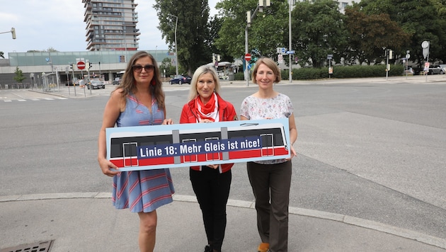 Stadträtin Ulli Sima (SPÖ), Wiener Stadtwerke-Vizechefin Martina Unterholzner mit Wiener Linien-Vorständin Gudrun Senk (v.l.n.r.) im Bereich der Meiereistraße /Handelskai. Ab Herbst 2026 wird hierher die Straßenbahnlinie 18 fahren. 