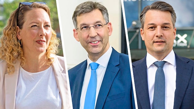 Grünen-Chefin Judith Pühringer, ÖVP-Landesparteiobmann Markus Figl und FPÖ-Chef Dominik Nepp vermissen mutige Vorstöße.