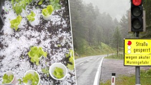 „Eissalat“ nach Hagel in Oberhofen im Inntal. Das Hahntennjoch (rechts) musste wegen einer Mure gesperrt werden. (Bild: Peter Freiberger, Hubert Daum)