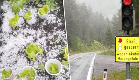„Eissalat“ nach Hagel in Oberhofen im Inntal. Das Hahntennjoch (rechts) musste wegen einer Mure gesperrt werden. (Bild: Peter Freiberger, Hubert Daum)