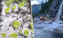 „Eissalat“ nach Hagel in Oberhofen im Inntal. Das Hahntennjoch (rechts) musste wegen einer Mure ...