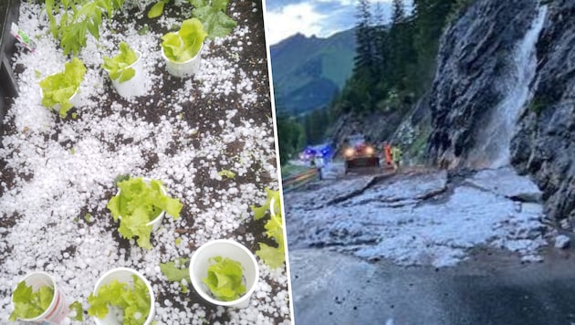 „Eissalat“ nach Hagel in Oberhofen im Inntal. Das Hahntennjoch (rechts) musste wegen einer Mure gesperrt werden.