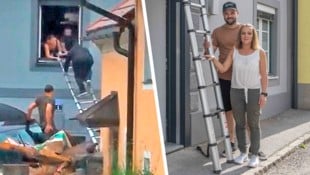 Marton Gazdag und Noemi Petrovics wurden vor einem Jahr zu Lebensrettern. Über eine Leiter holten sie ein Paar aus der Flut. (Bild: Krone KREATIV/FF Deutschfeistritz/Screenshot und Jürgen Fuchs)