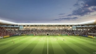 Ein erstes Rendering: So soll das umgebaute Stadion in Graz-Liebenau aussehen.  (Bild: Zoom VP)