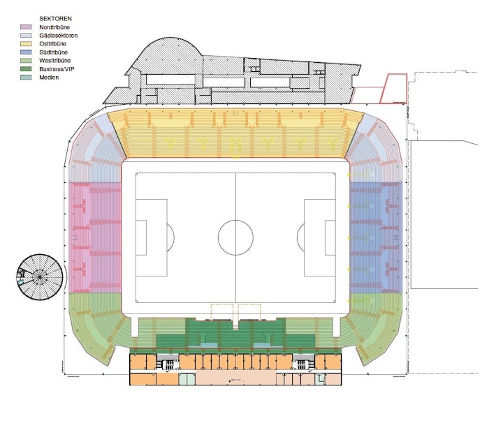 Der neue Stadion-Plan: Die Sektoren für die Auswärtsfans sind bei GAK- und Sturm-Spielen unterschiedlich.