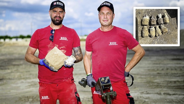 Matthias Wiesinger und Werner Lechner bei der Arbeit. Tage zuvor stießen sie auf Stabbrandbomben (kl. Foto). 