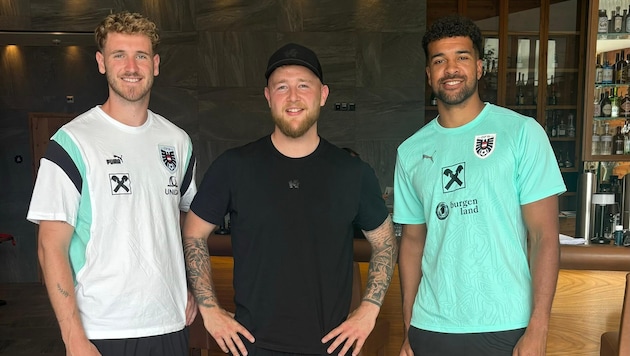Die ÖFB-Teamtorhüter Nicolas Schmid (l.) und Tobi Lawal (r.) mit FC Nenzing-Keeper André Breitfuss beim Trainingslager in Seefeld.