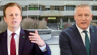FPÖ-Landeshauptmann Mario Kunasek (re.) hat den Alternativplan in Auftrag gegeben, Gesundheitslandesrat Karlheinz Kornhäusl (ÖVP) muss diesen nun umsetzen. (Bild: Krone KREATIV/Christian Jauschowetz)