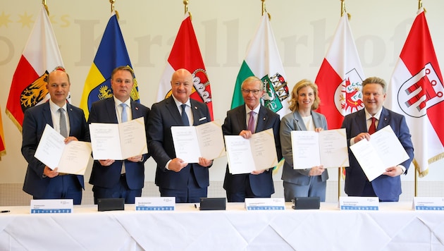 Johannes Pressl, Andreas Babler, Christian Stocker, Wilfried Haslauer, Beate Meinl-Reisinger und Michael Ludwig (v.l.n.r.)