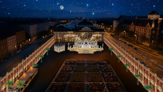 Giuseppe Verdis „La Traviata“ feiert am 1. Juli Premiere in Wien. Freiluftarena- Spezialist Manfred Waba setzt den Opernklassiker spektakulär in Szene und integriert die Fassade des Konzerthauses ins Bühnenbild.