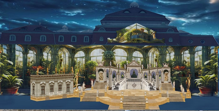 Die Fassade wird durch sechs Videogroßprojektoren in eine monumentale Projektionsfläche verwandelt.