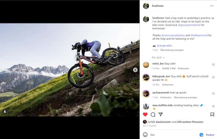 Frener äußerte sich auf Instagram zu ihrem Sturz und dem Startverzicht in Leogang.
