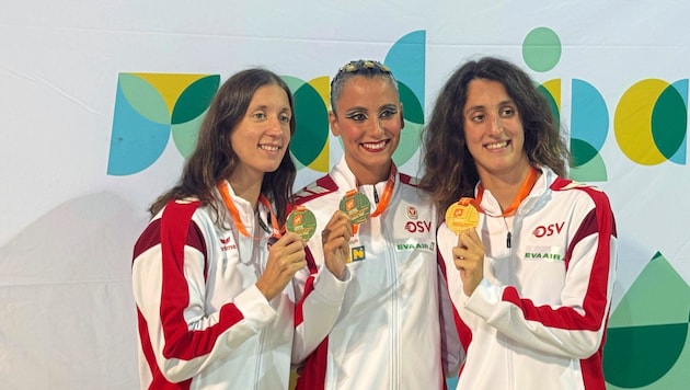 Vasiliki, Anna-Maria und Eirini Alexandri mit ihren EM-Medaillen auf Madeira.