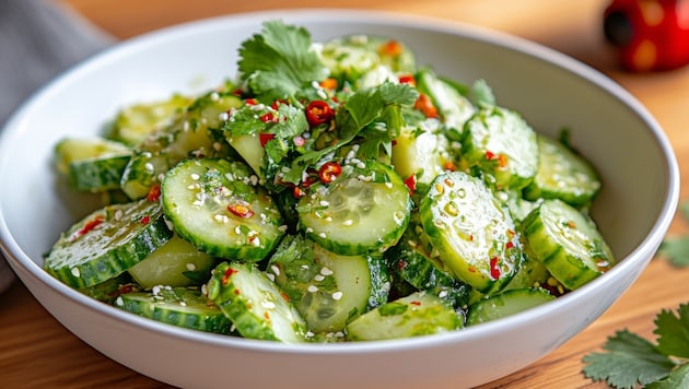 Der Salat schmeckt am besten frisch, kann aber auch für ein paar Stunden im Kühlschrank ...