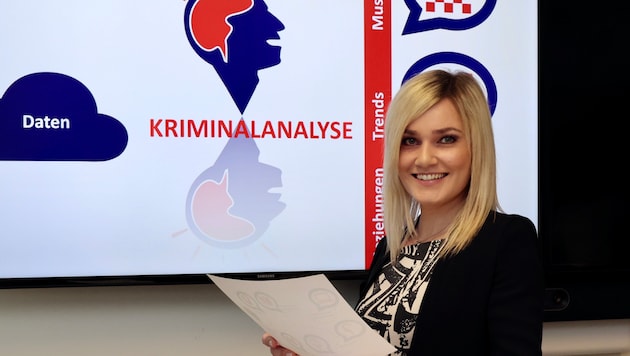 Ricarda Rindlisbacher vom Landeskriminalamt gibt beim „Fahndung Österreich“-Dreh in Graz ...