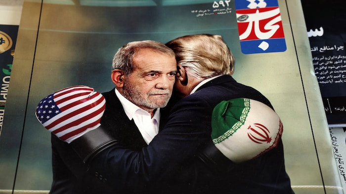 Irans Präsident Massoud Pezeshkian und sein US-Gegenüber Donald Trump mit Boxhandschuhen auf dem ...