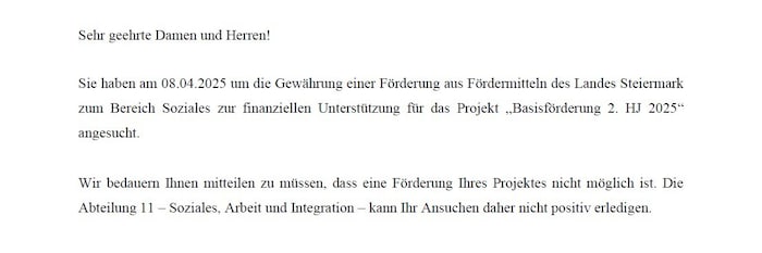 Screenshot aus dem Absageschreiben