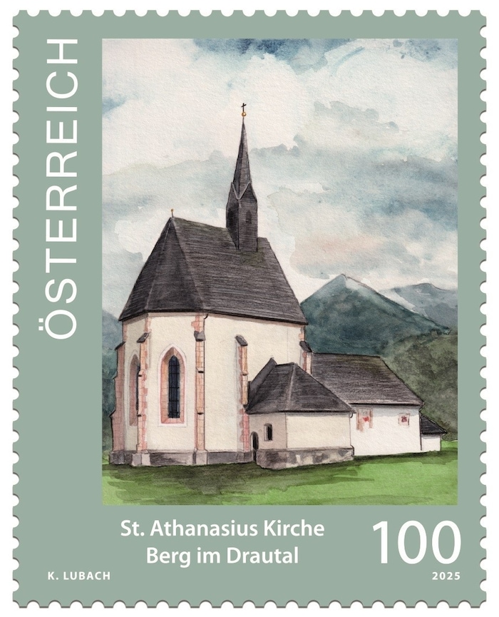 Die St. Athanas-Kirche in Berg im Drautal auf der neuen Sonderbriefmarke im Rahmen der Reihe ...