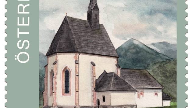 Ausschnitt aus der neuen Sonderbriefmarke, welche die Wallfahrtskirche St. Athanasius im Drautal ...
