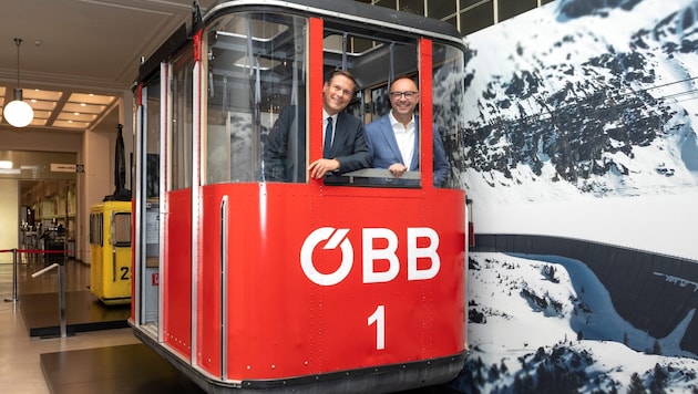 Museumsdirektor Peter Aufreiter und ÖBB Infrastruktur-Vorstand Johann Pluy bei der Übergabe der ...