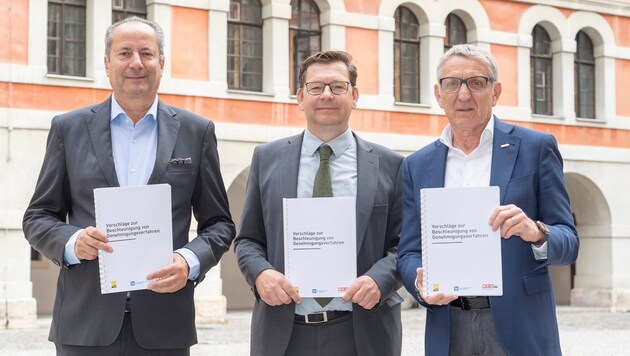 Wollen mehr Tempo bei Behördenverfahren: Kurt Maier (IV), Stefan Storr (Uni Graz), Josef Herk ...