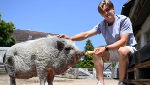 Finn van Ee mit Hängebauchschwein „Oscar“, das er einst aufgezogen hat.